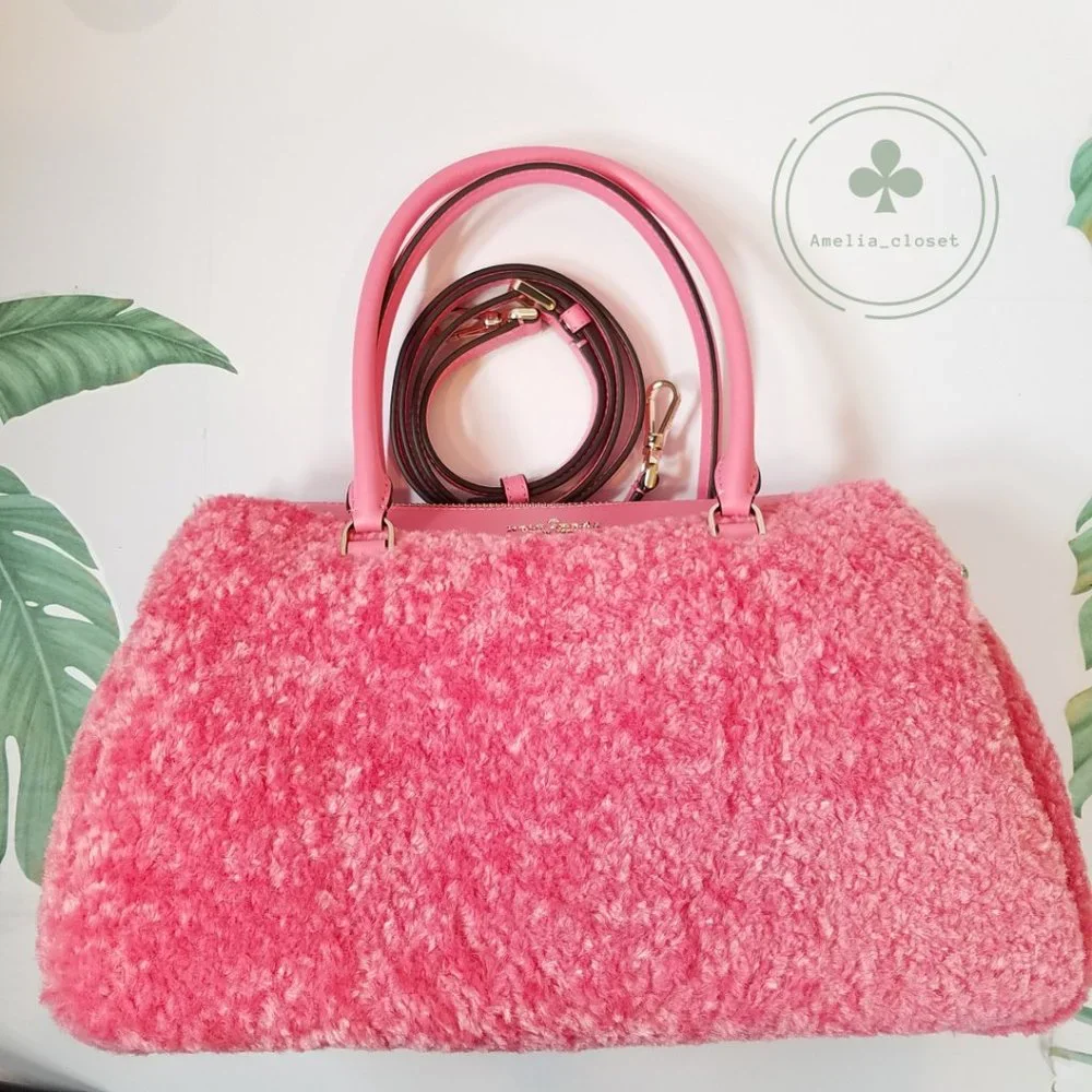 MAKE AN OFFER KATE SPADE MIMI FAUX FUR SATCHEL CROSSBODY BRIGHT BLUSH PINK - Picture 10 of 11